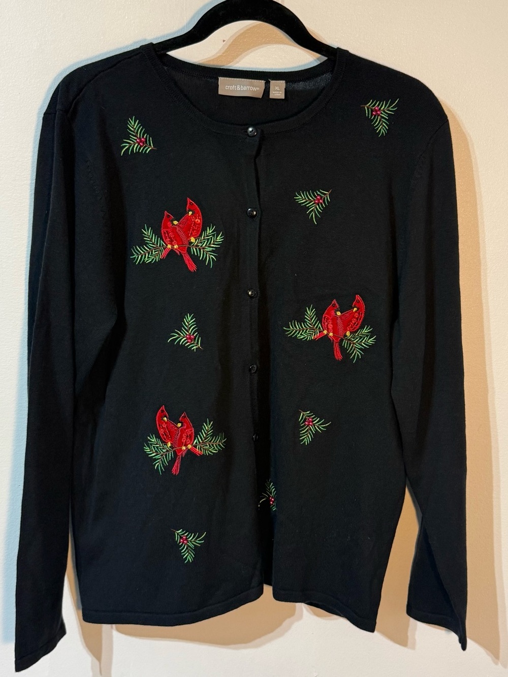 croft & barrow Black Cardigan with Red Cardinal and Green Pine Embroidery